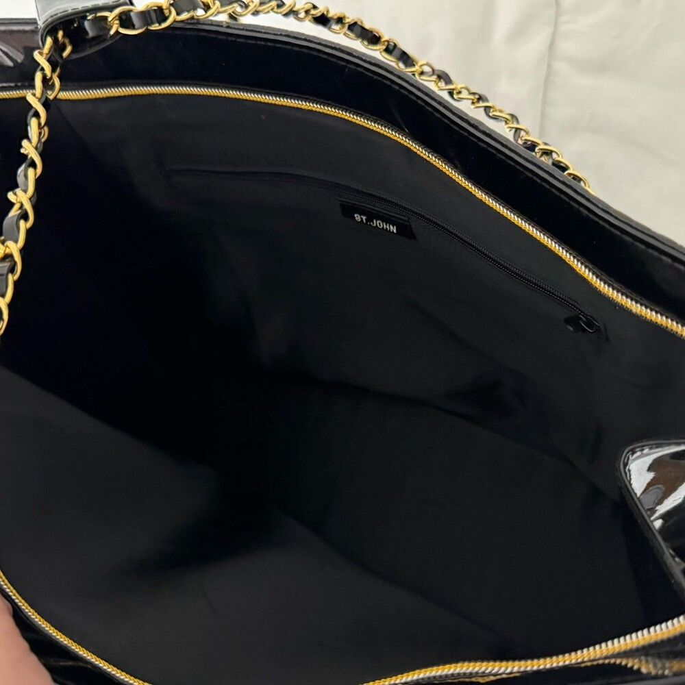 St. John Tote Bag Large Black Patent Leather Embossed Gold Chain Straps - Picture 5 of 11